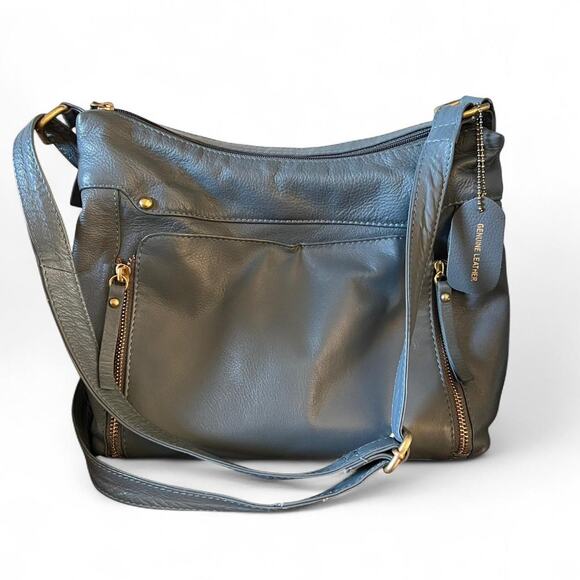 Great American Leather Works Muted Blue Lester Shoulder Bag With Zip Pockets - Picture 3 of 7